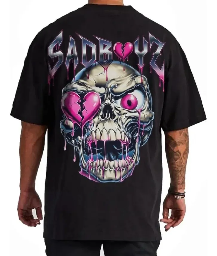 Men's Sad Boy Pink Skull Gothic Vintage Washed T-Shirt, Broken Heart Streetwear Graphic Tee