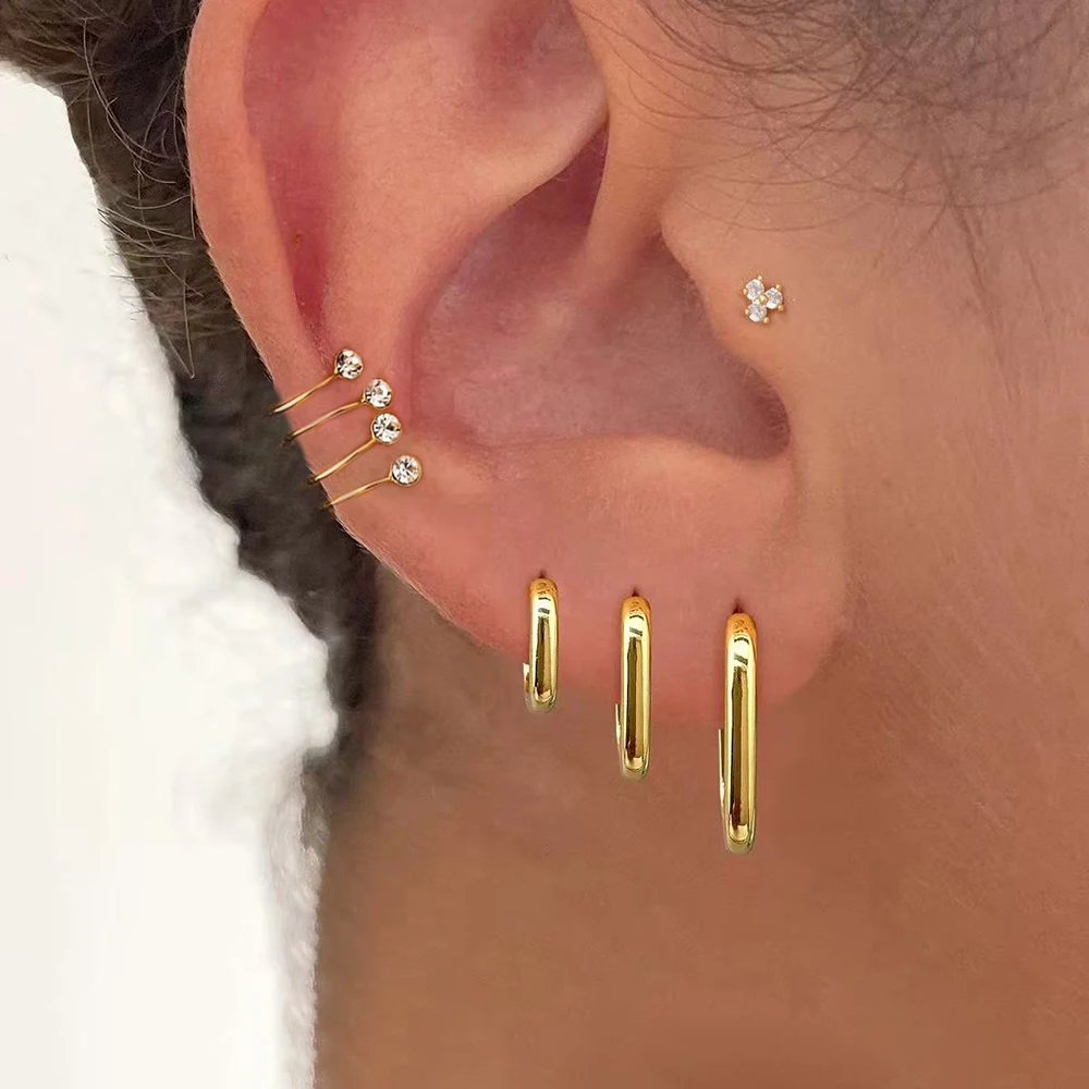 5PCS Simple Stainless Steel Fashion False perforation Ear Clip Sets For Women Square Zircon Hoop Earrings Classic Trendy Jewelry
