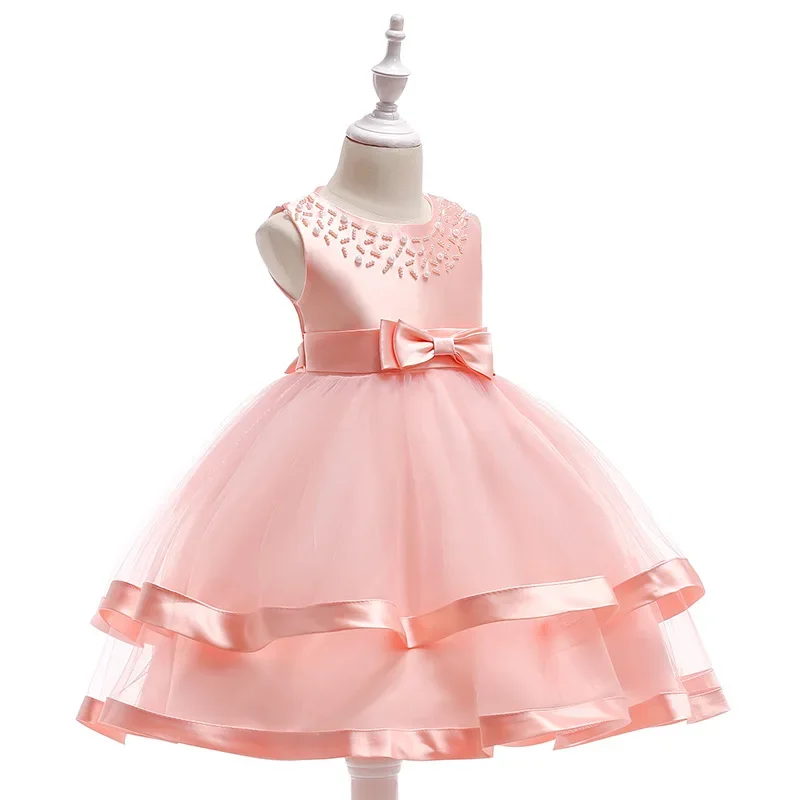 7 Colors Kids Elegant Pearl Cake Princess Dress Girls Dresses for Wedding Evening Party Embroidery Flower Dress Girl Clothes