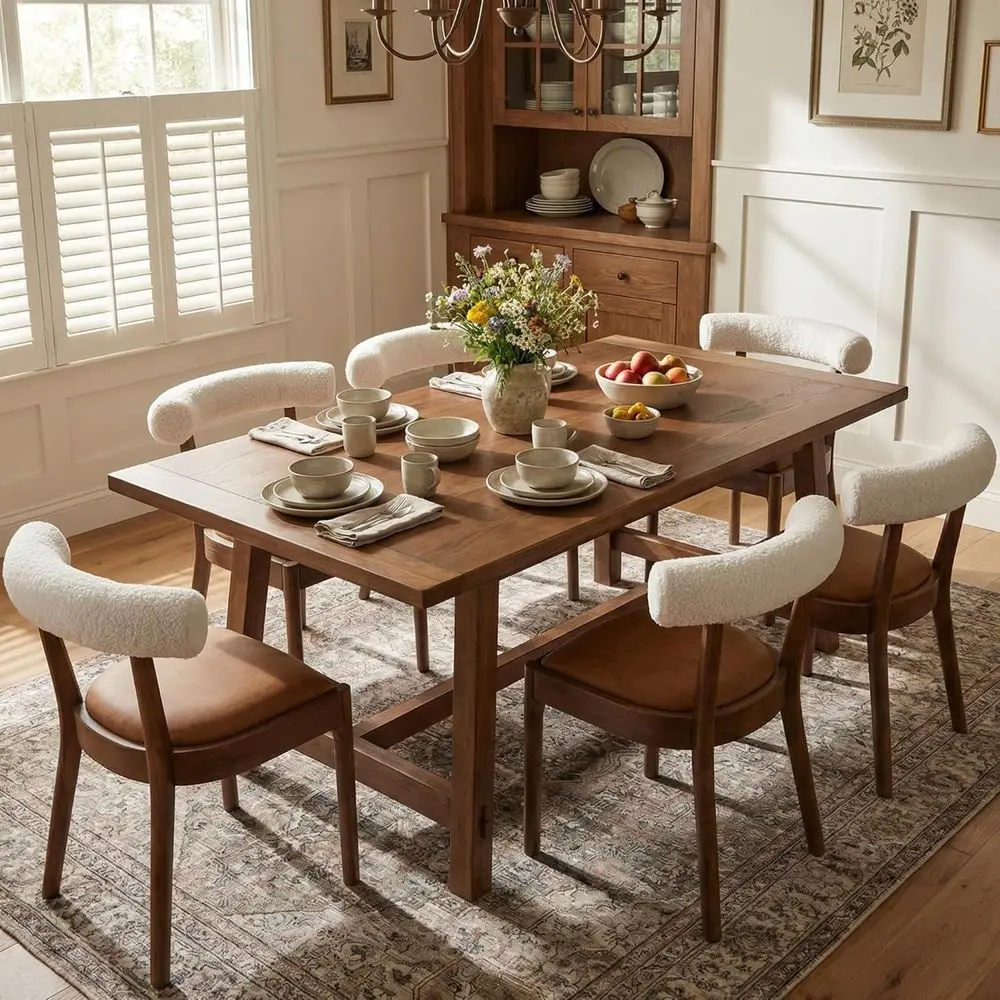 

6-Piece Modern PU Upholstered Dining Chairs Set, Natural Walnut Wood, Curved Back, Brown