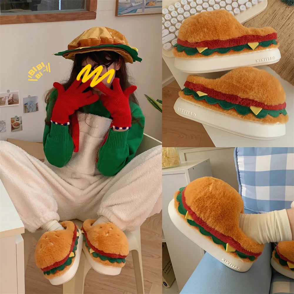

New Winter Fun Home Cotton Slippers for Couples Cute Creative Hamburger Fuzzy Slippers Warm for Men and Women