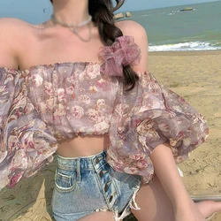 Off Shoulder Puff Short Sleeves Chiffon Blouse Women Floral Print Flowy Top Casual Crop Top Sweet And Spicy Elegant Summer