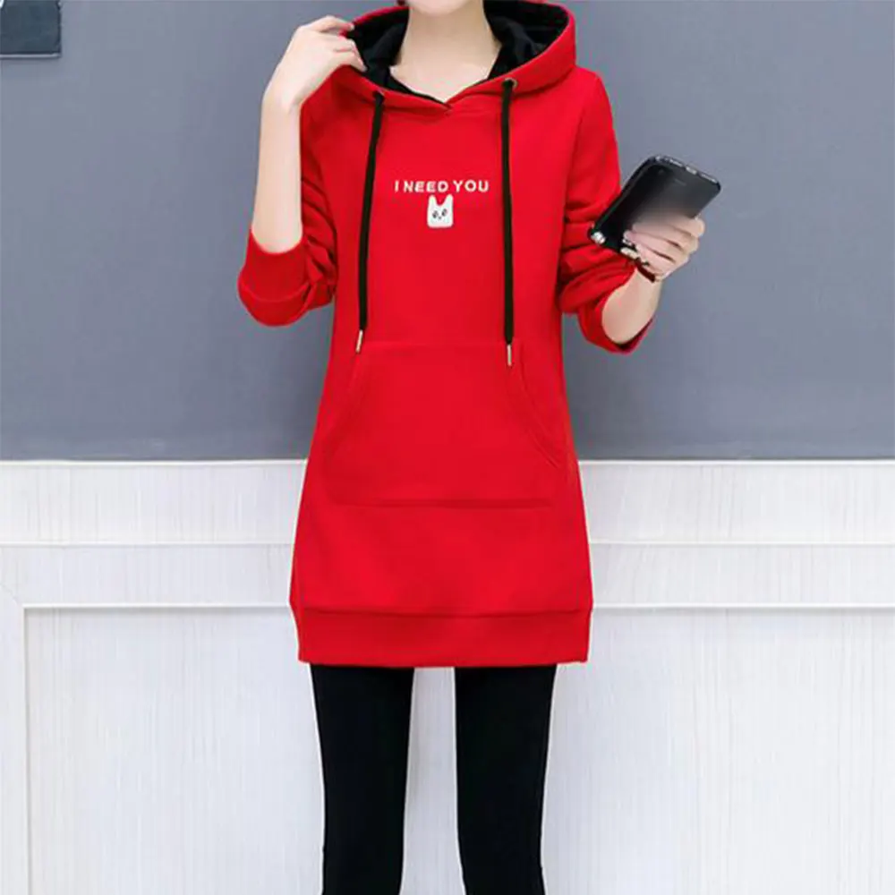 

Mid length fleece hoodie loose fit hooded with embroidery casual style for daily vacation holiday and home wear