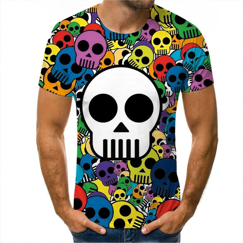Men Skull Ghost Rider Motorcycle 3D Print Short Sleeve T Shirt Retro Biker Horror Graphic Crew NeckCasualStreetwearBlackTeesTops
