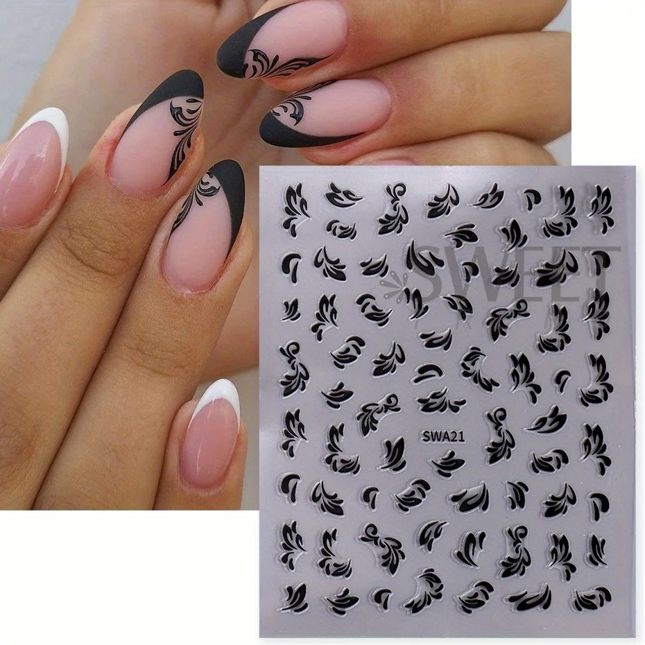 2pcs Black And White Lace Flowers Nail Sticker Painting Floral Leaves Wedding Charms Decals Grace Retro Sliders Manicure Foils