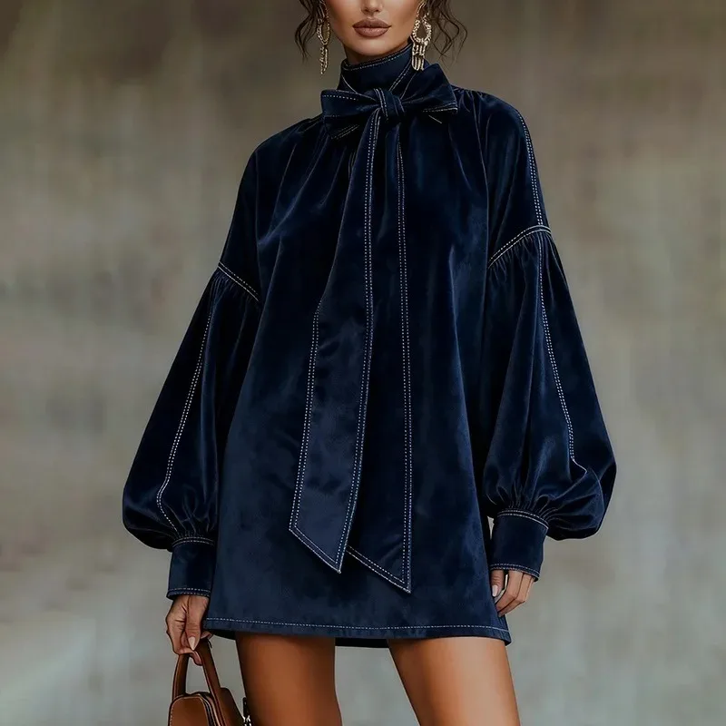 

American retro high collar lantern sleeves long sleeves bow elegant velvet women's mini dress casual autumn