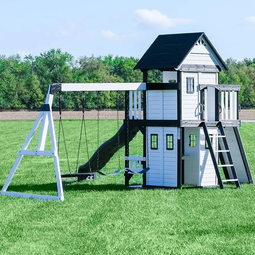 EO-Outdoor Waterproof Wooden Playhouse With Slide Swing Set Kids' Playground Play House for Patio Backyard&