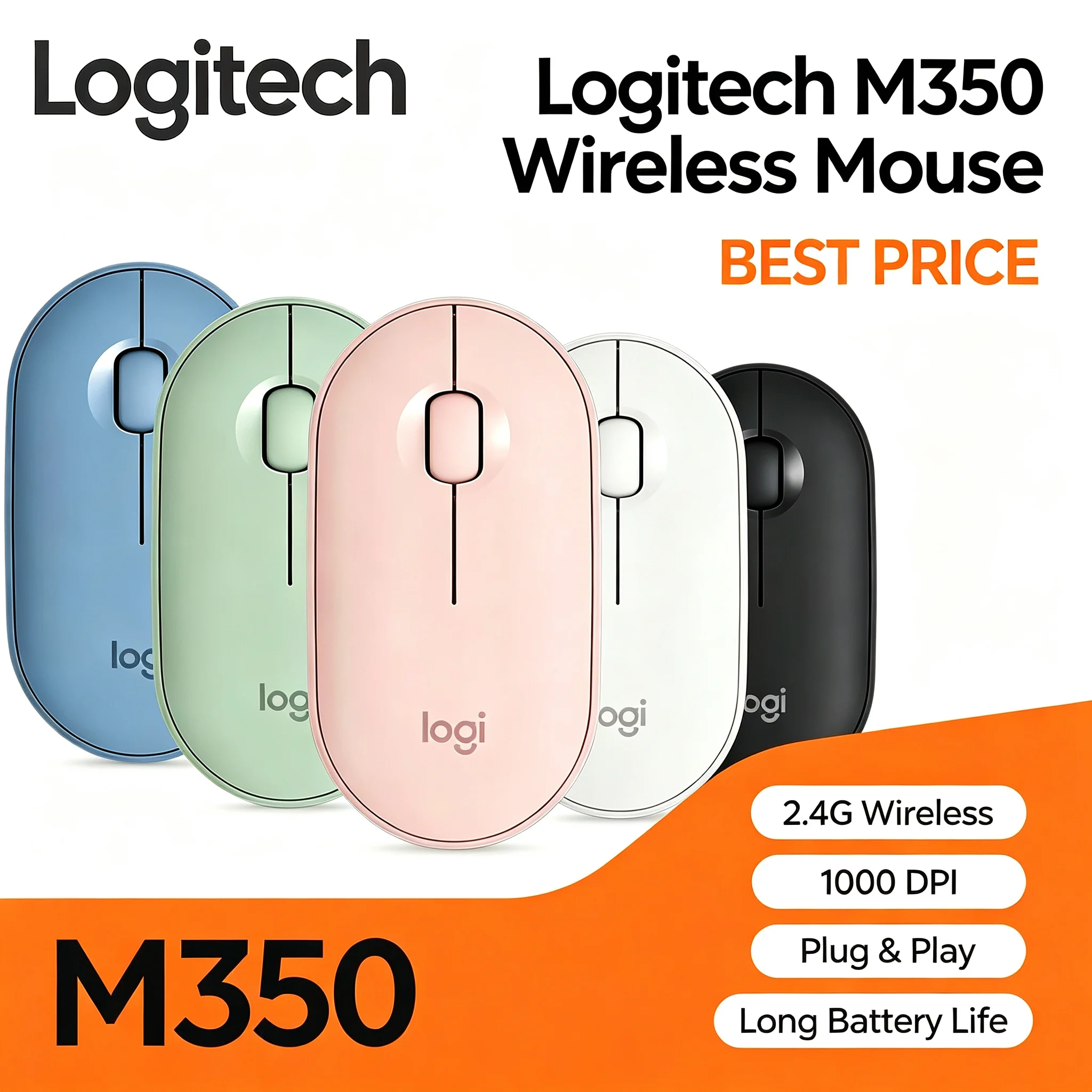 Logitech Pebble M350 Wireless Mouse Cute Multi-color Quiet Click Mice For Office Laptop Daily Use