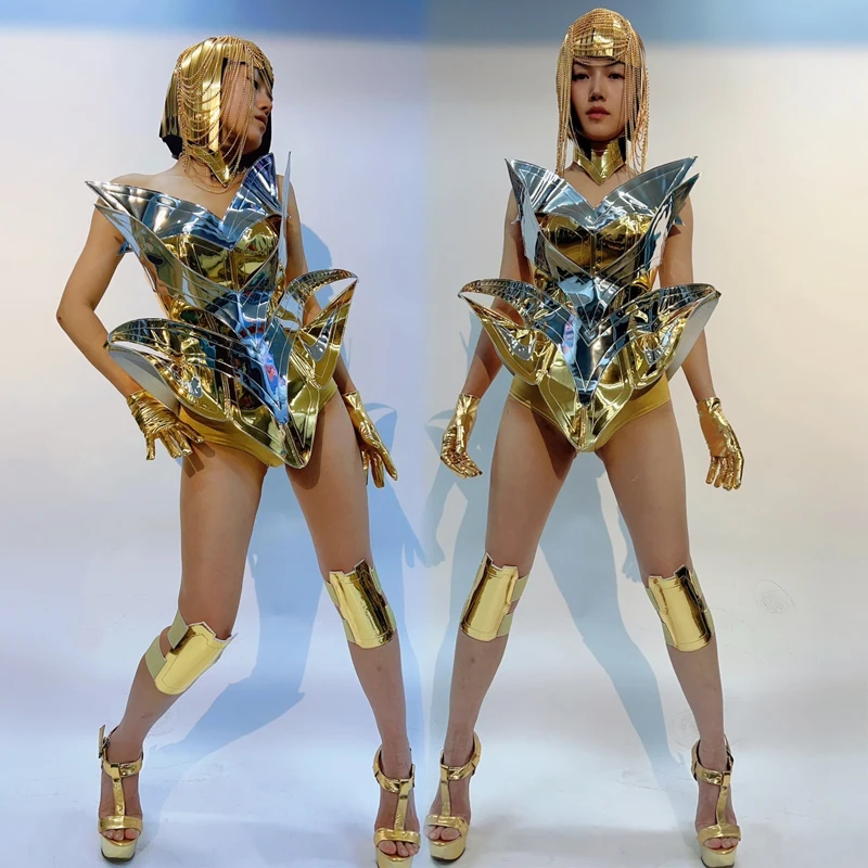 

Punk Style Gold Bodysuit Fringed Chain Wigs Women Gogo Costumes Ds Dj Pole Dance Clothing Stage Rave Outfit Clubwear XS7660