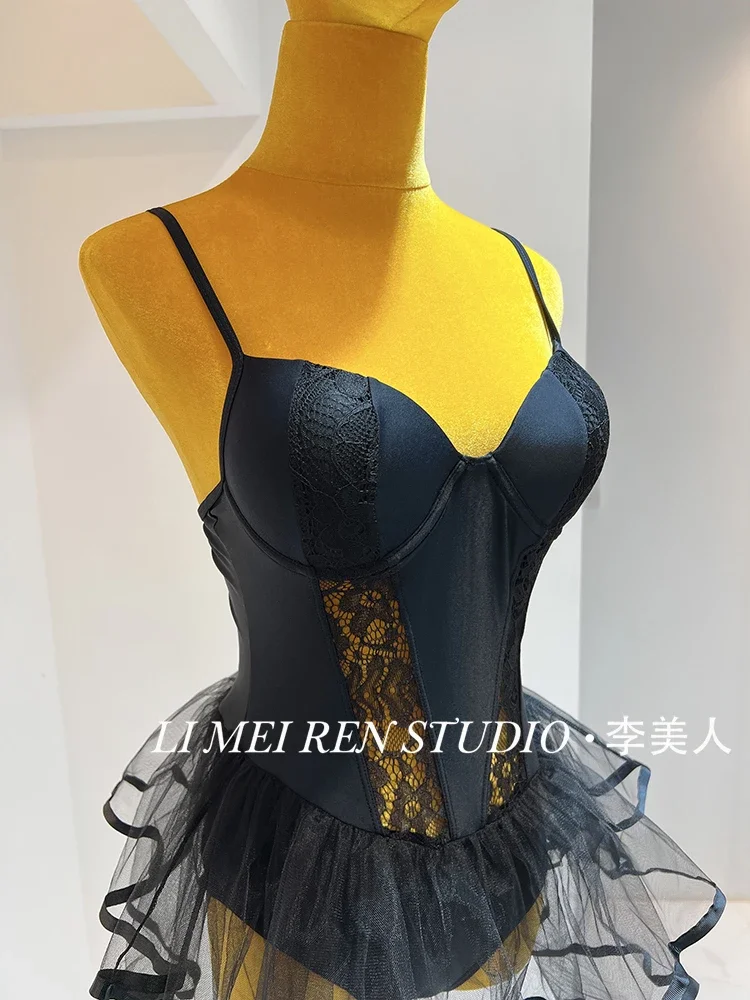 New sexy lace black mesh puffy skirt with steel support one-piece swimsuit for women