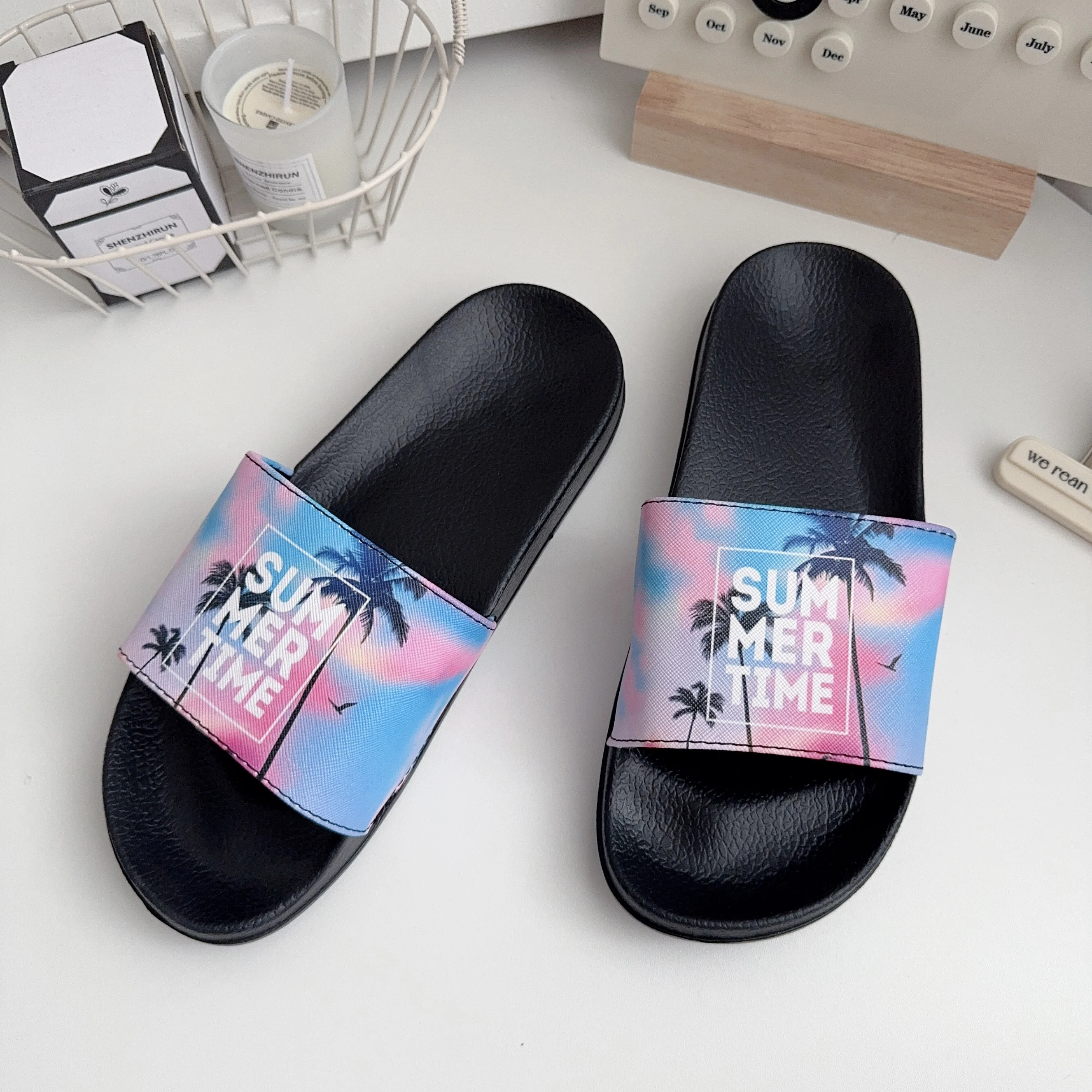 Women's Coconut Tree Summer Scenery Pattern Casual Style, Suitable for All Seasons Indoor and Outdoor Beach Use, Soft, Beautiful and Fashionable, Hand-Washable Fabric Upper Home Bathroom Sandals