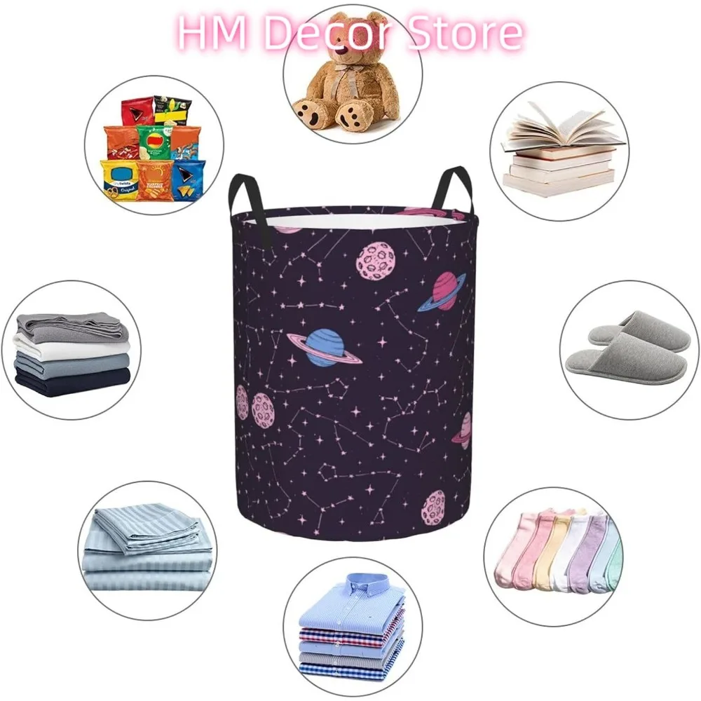 Pink Cosmic Zodiac Constellations and Moons Laundry Basket Waterproof Oxford Cloth Organizer Basket Collapsible Clothes Hamper w - view 6
