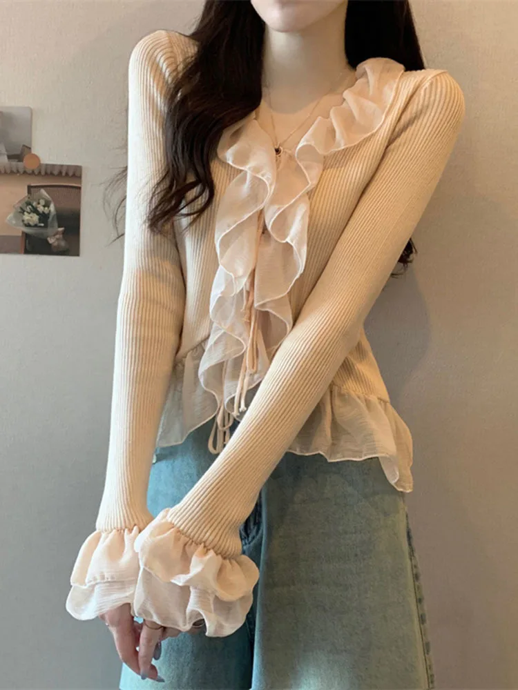 Knitted Sweater Women V Neck Ruffles Flowers Irregular Split Slim Flare Long Sleeve Crop Top Female Elegant Sexy Pullover