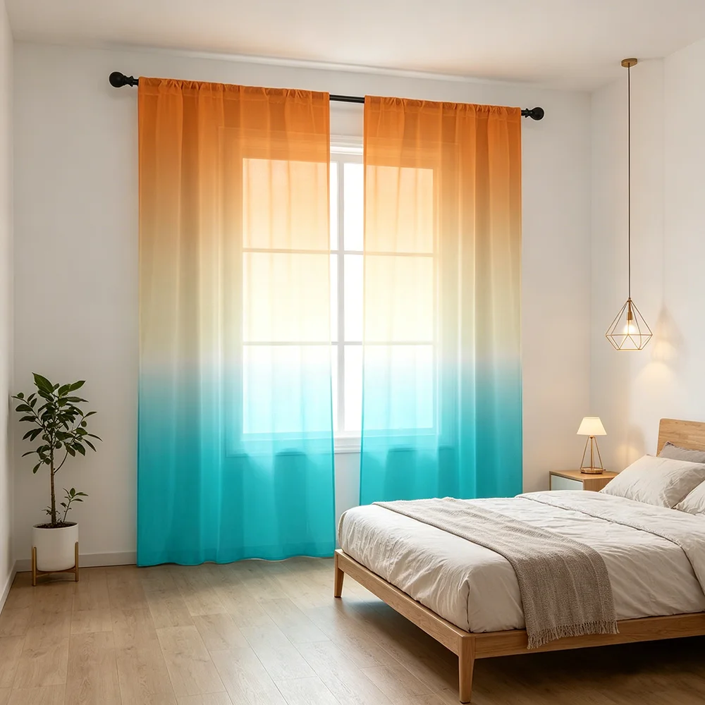 2PCS Orange Blue Gradient Sheer Curtains, Ombre Color Print, Rod Pocket Window Drapes for Bedroom Living Room Home Decor