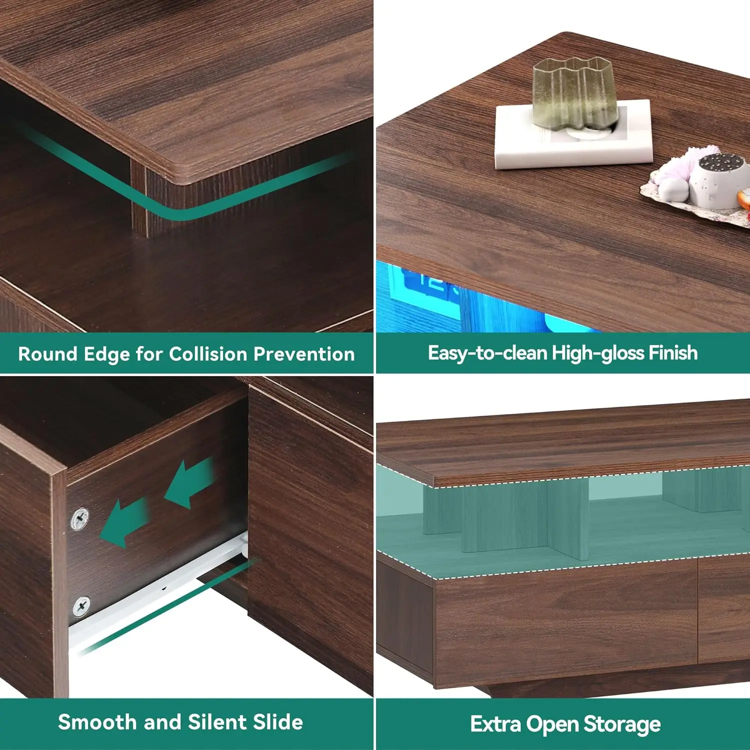 طاولات قهوة LED لغرفة المعيشة، طاولة قهوة للمزرعة مع 4 أدراج للتخزين وحجرة مفتوحة، مستطيل حديث