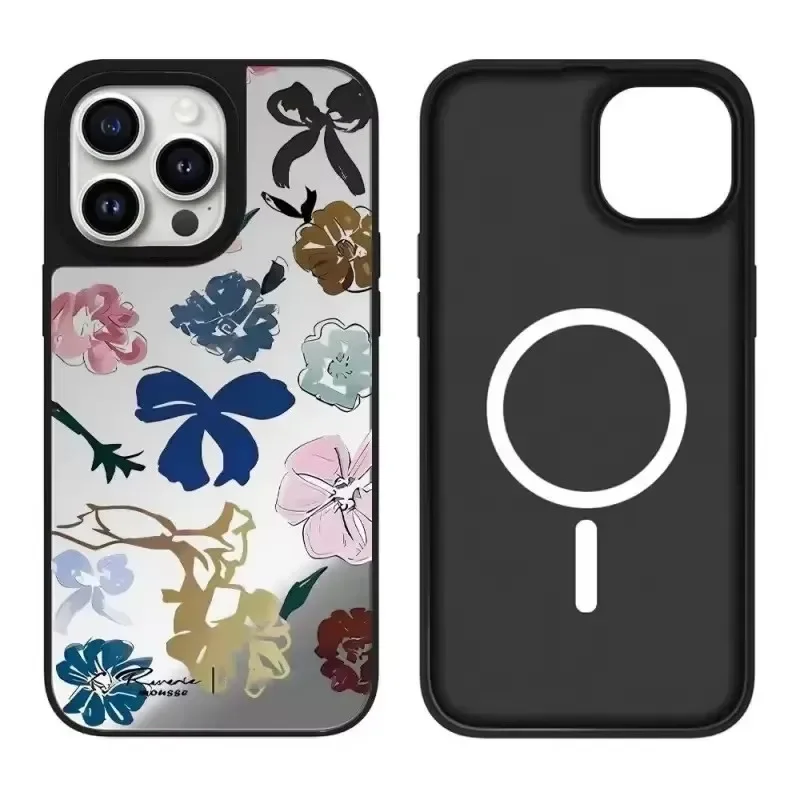 Flower Bowknot Black Silver Border iPhone 12 13 14 15 16 Pro Max Mirror Surface MagSafe Case Cover Shell