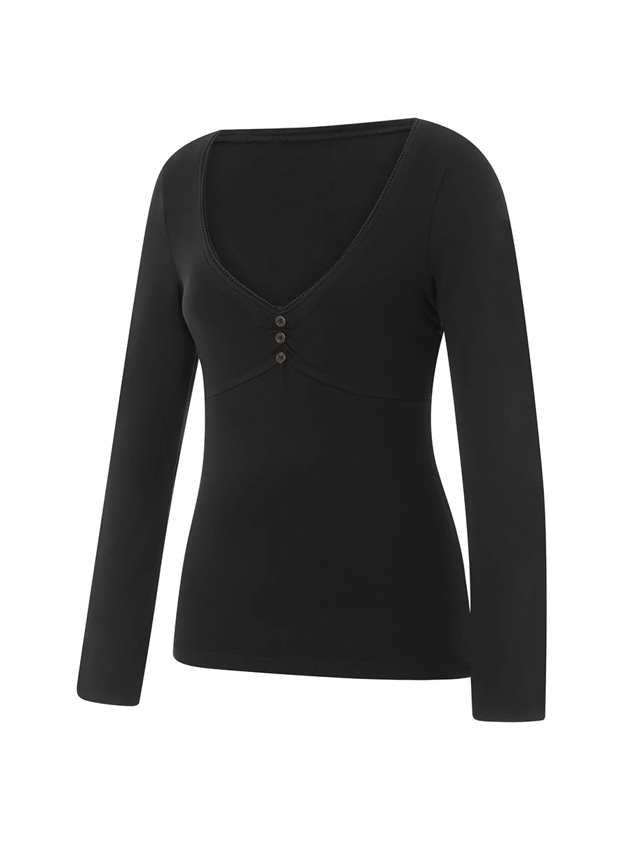 Dames T-shirt met lange mouwen en V-hals in effen kleur, perfect voor casual dagelijks gebruik en streetwear-modetrends