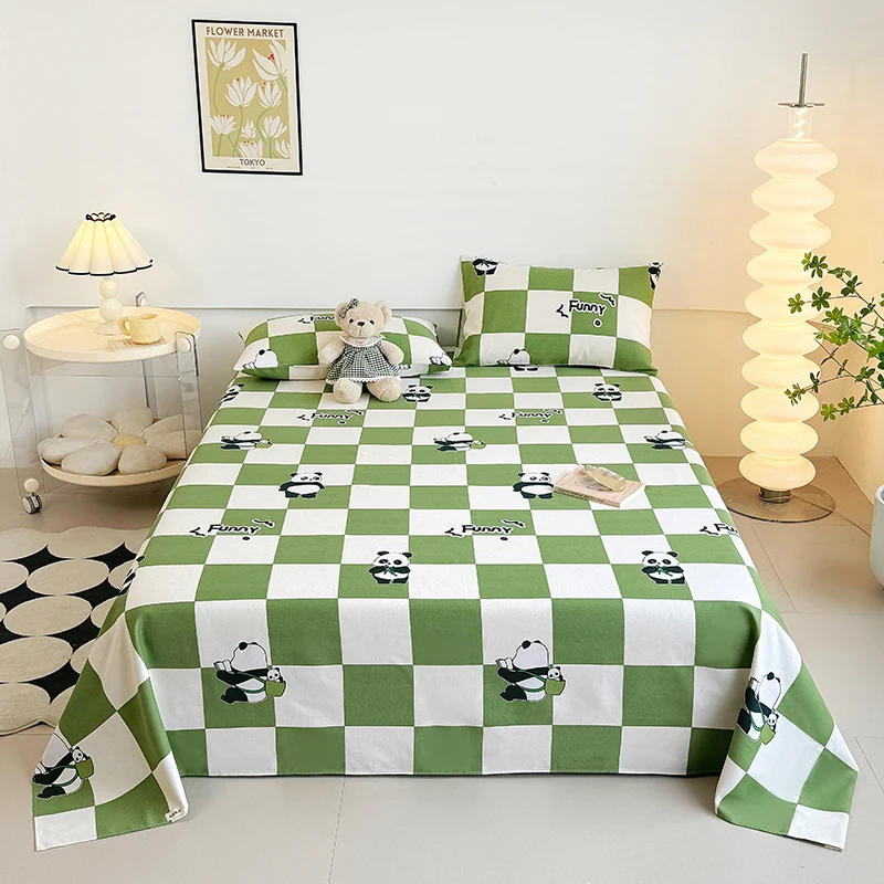 Cartoon Panda Flat Sheet White Green Grid Geometric Bed Sheet Lovely Animal Bedding Sheet Cotton Soft Sheets with 2 Pillowcases