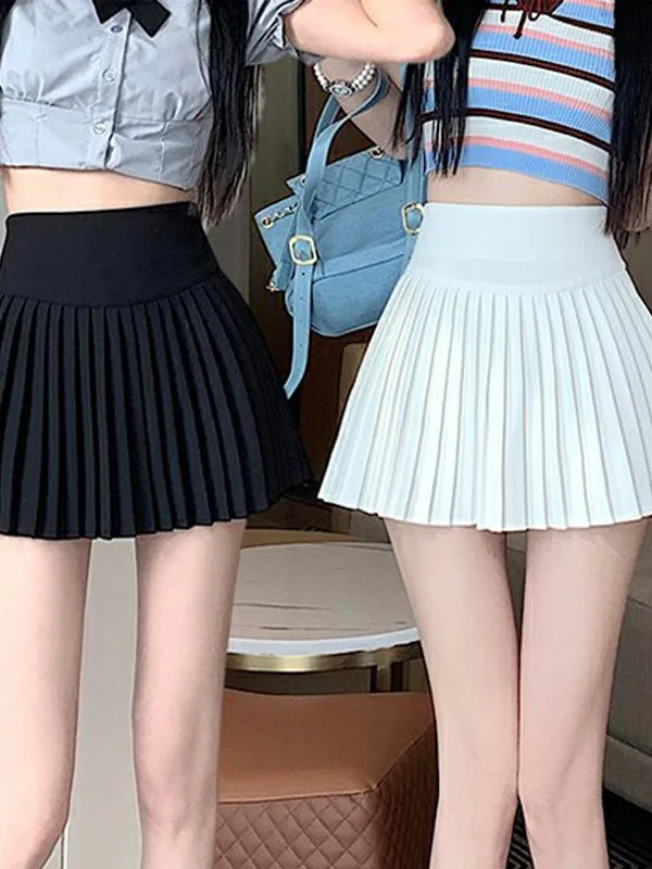 

Юбка-трапеция с высокой талией, плиссированная, непрозрачная, женская, утягивающая, в студенческом стиле, средней длины, модная короткая юбка