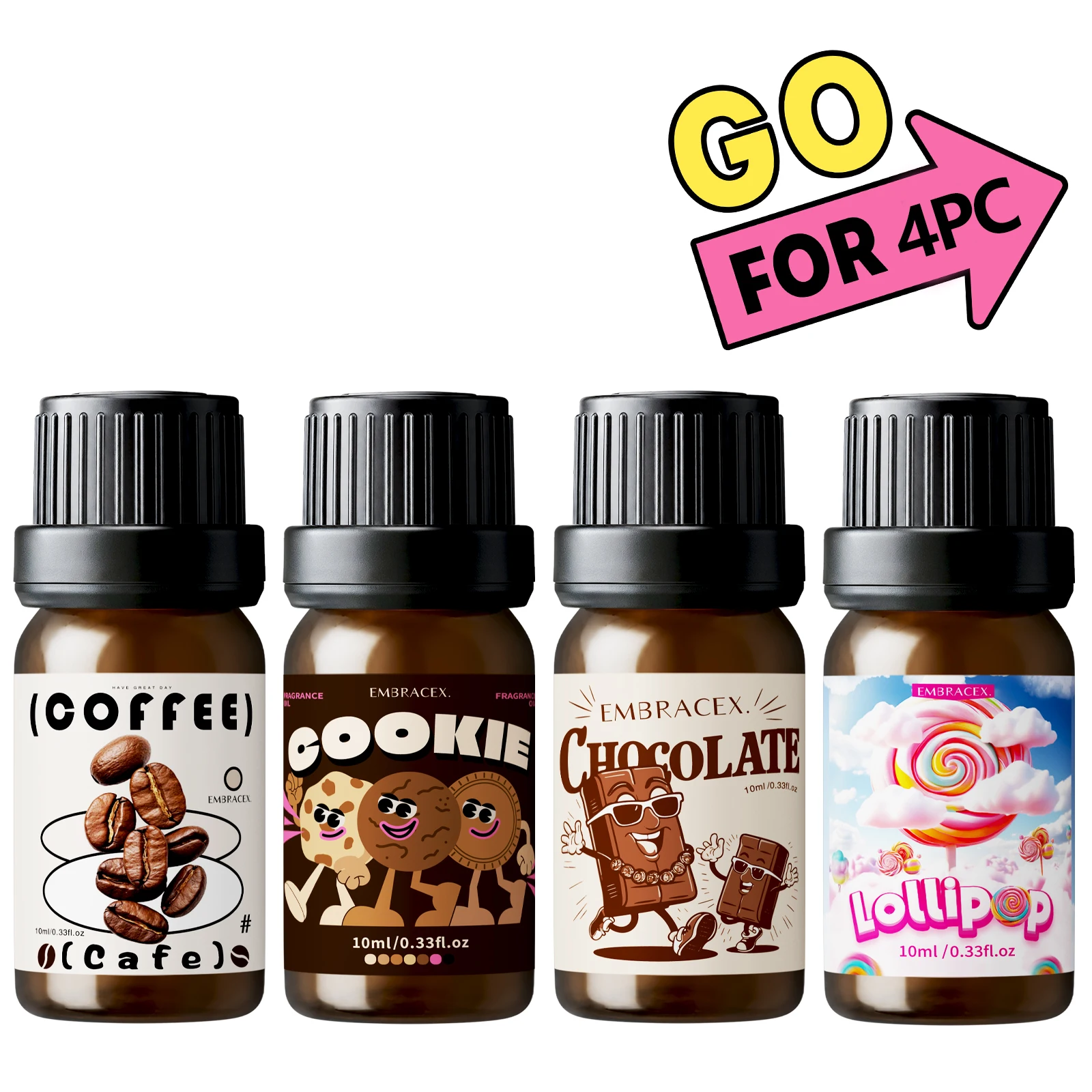 4PC 10ml Fragrance Oils Vanilla Milk Chocolate Coffee Cookie Cakes Lollipop Taro Coconut Caramel Pudding Cotton Candy Bubble Gu
