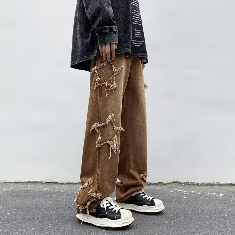 2023 New Fashion Star Embroidery Brown Men\'s Jeans Y2K Vintage Hip Hop Pants Straight Trousers Floor Slam Pants Calça Masculina