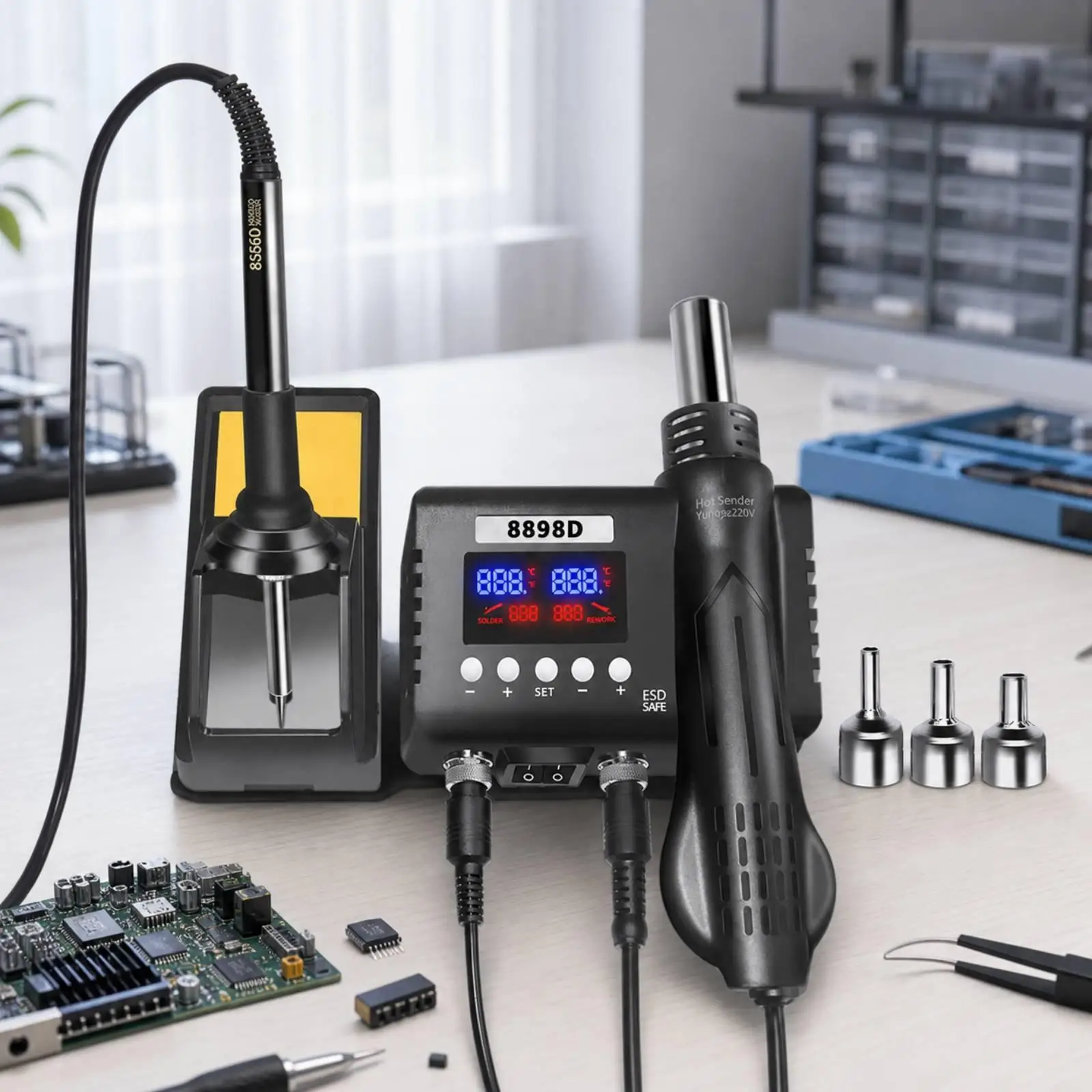 Soldering Iron Stand Digital 8898D Benchtop Repair Station Adjustable Temperature for Electronics Technicians, Component-Level