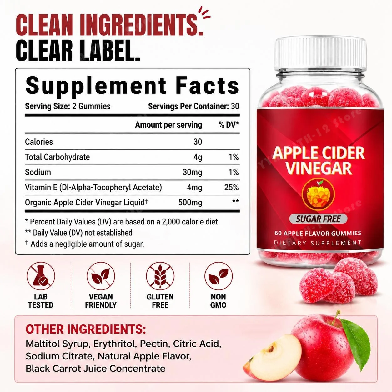 Apple Cider Vinegar Gummies Sugar Free for Natural Bloating Relief and Digestive Support with Vitamin E, 60 Gummies
