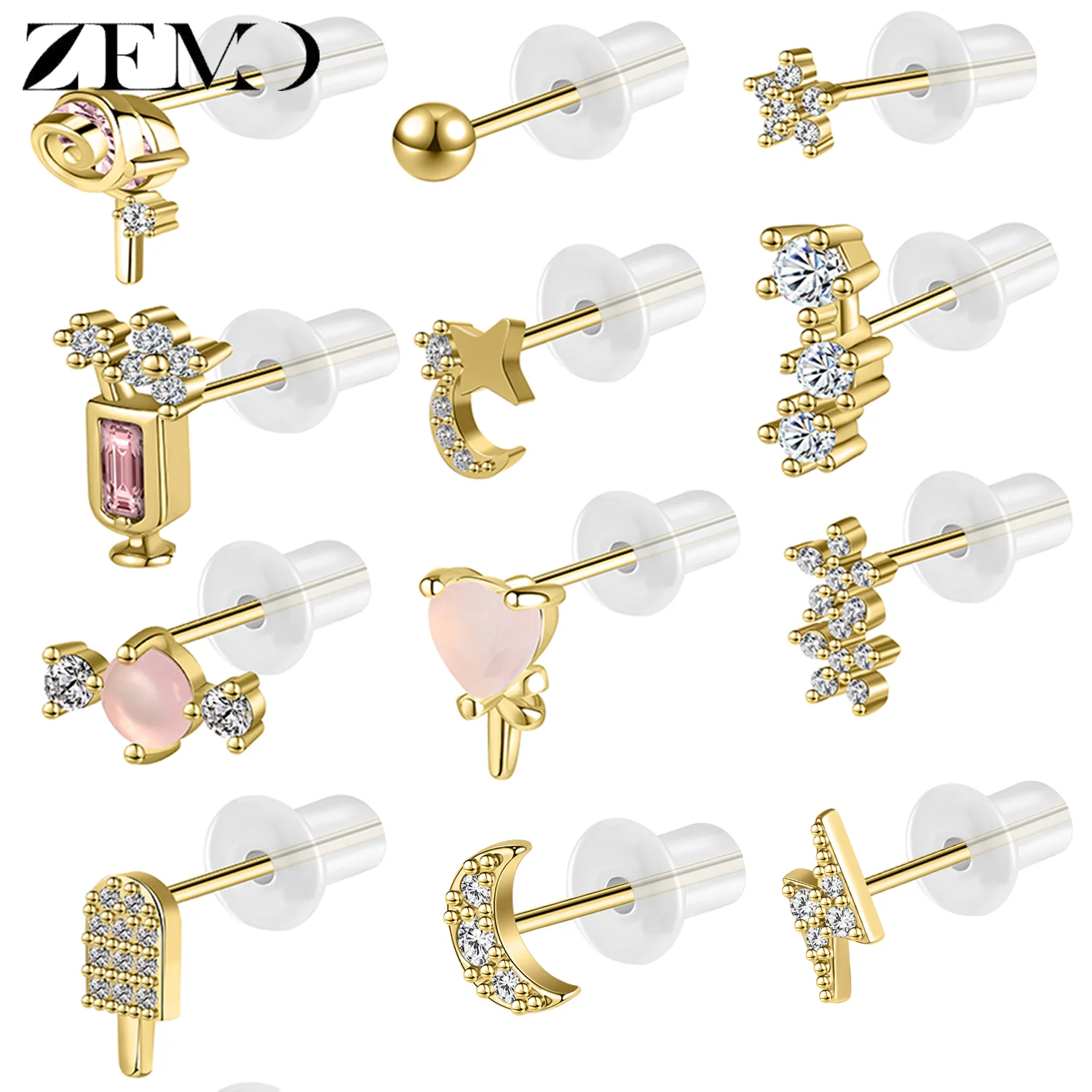 

ZEMO 1 Piece 925 Sterling Silver Moon Star Shape Stud Earrings Gold Color CZ Crystal Ear Studs Cartilage Helix Piercings Jewelry