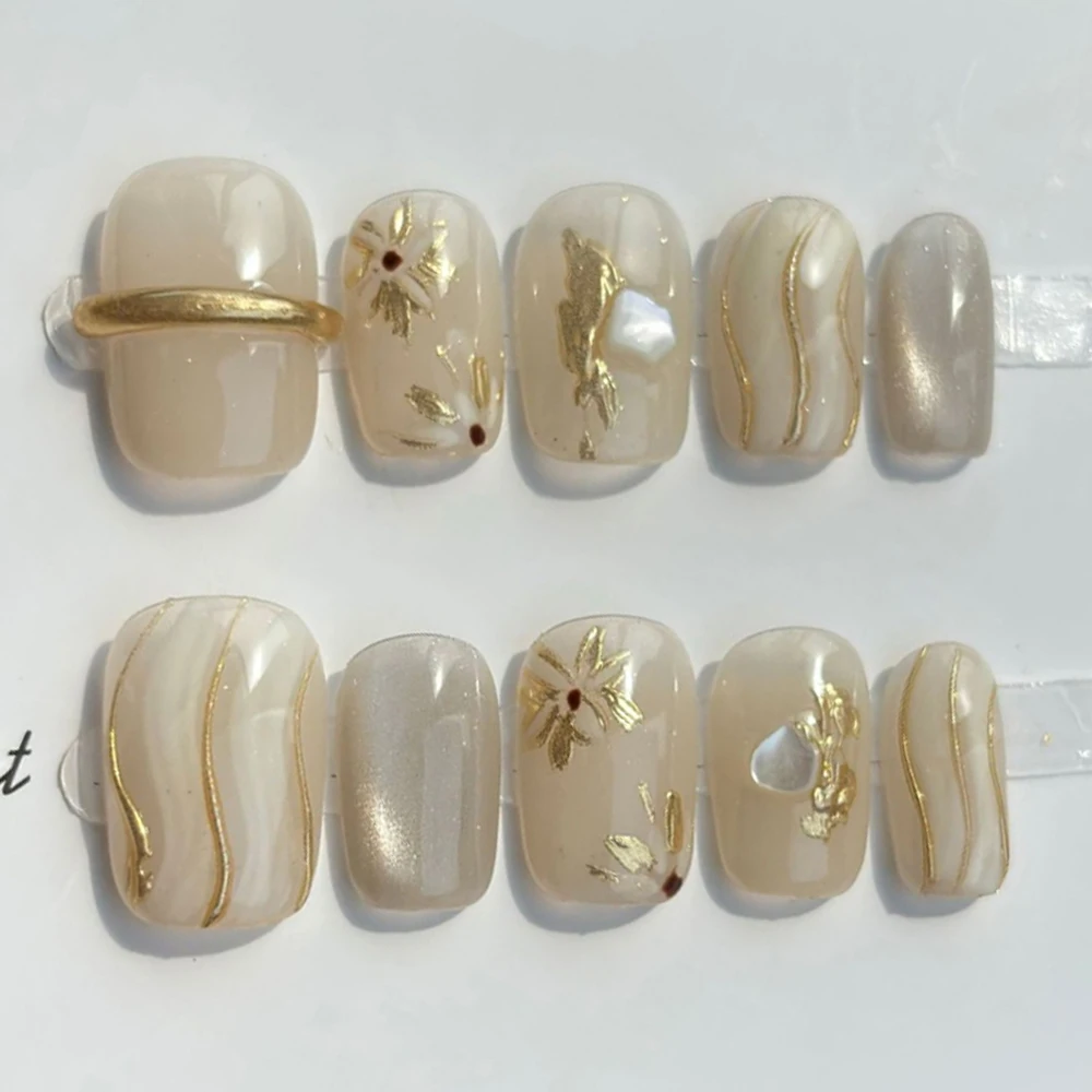 Beautifu Light Luxury Short Artificial Press On Nails Spice Girl Rhinestone Flower Pearl Gradients Reusable Nail Party Stickers