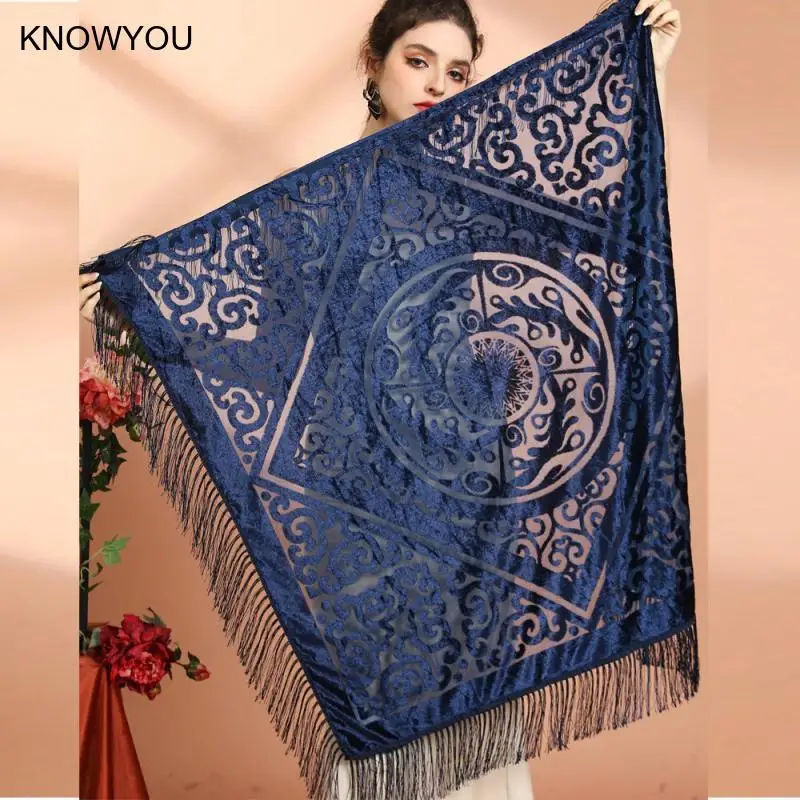 110x110cm jacquard flor xale senhora elegante borla lenço quadrado estilo ético vintage qipao capas outono poncho luxo pashmina