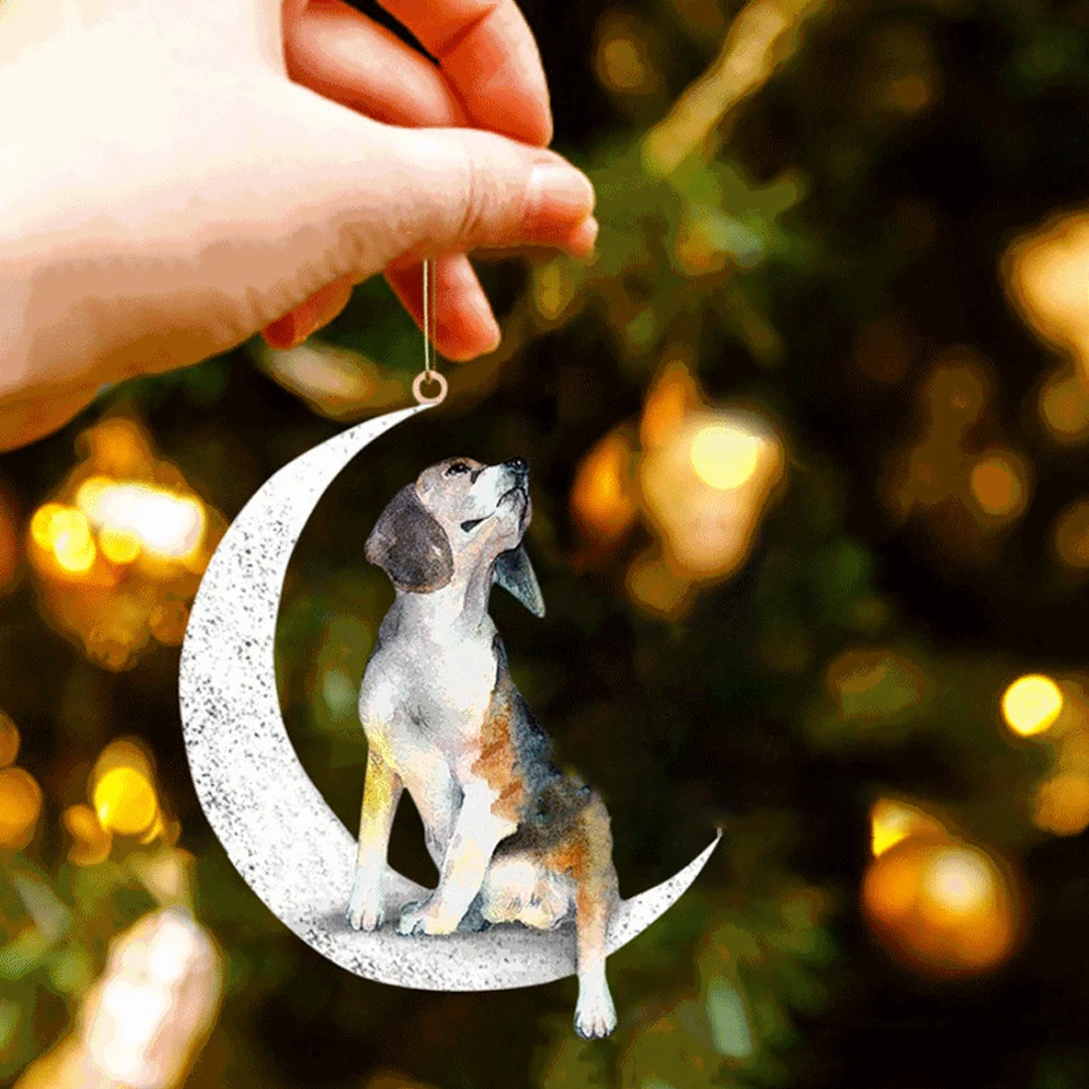 2D Car Rearview Mirror Pendant Dog Pendant Sitting On The Moon Cute Teddy Puppy Hanging Ornament Keychain Pendant interior Decor