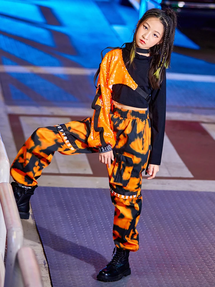 Children Hip Hop Dance Costumes Orange Sequins Sleeved Loose Pants Streetwear Jazz Performance Costumes Rave Clothes DN11576