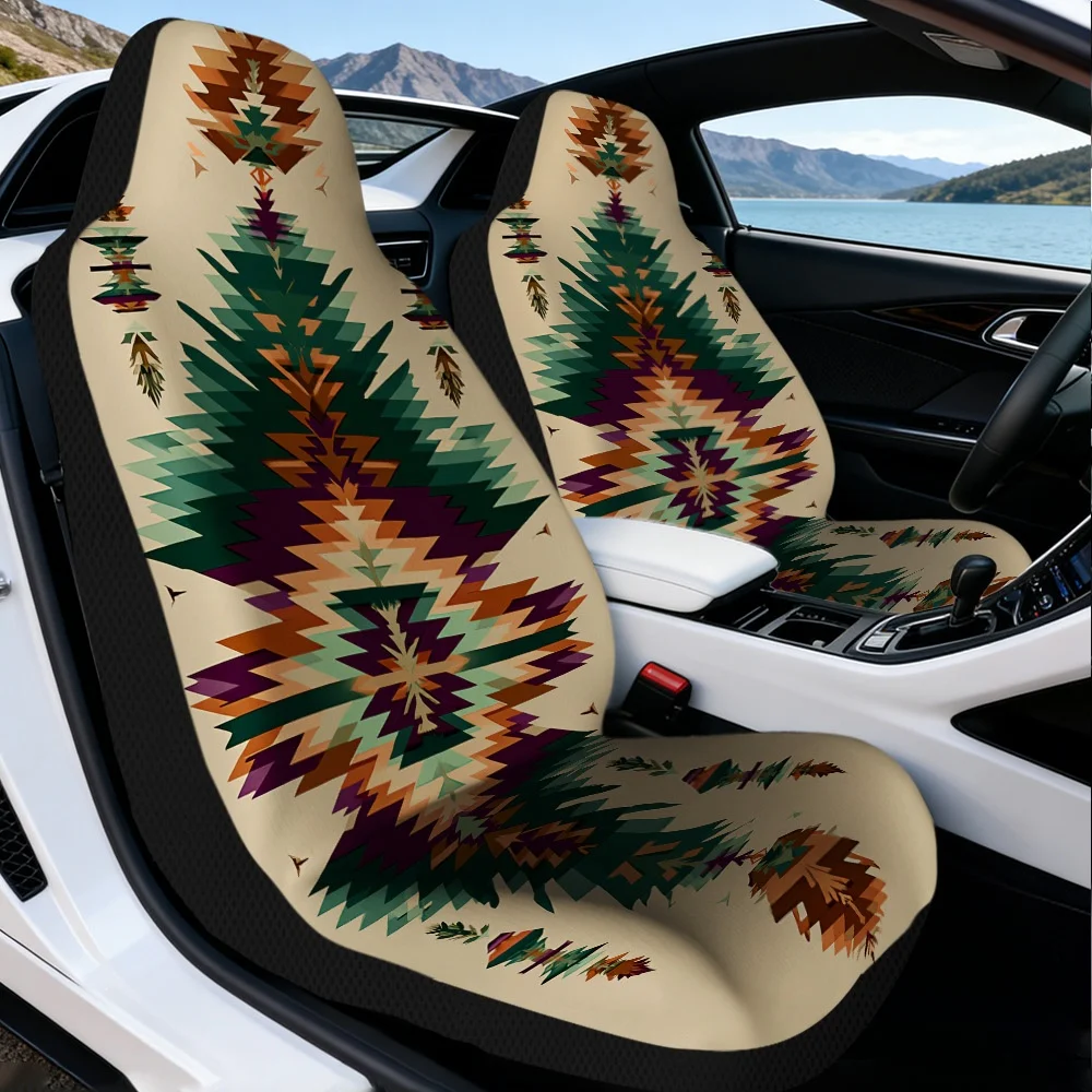 2pcs Geometric Tribal Totem Art Themed Front Car Seat Covers Scratch-Resistant Vehicle Seat Protectors, Modern Style Interior De