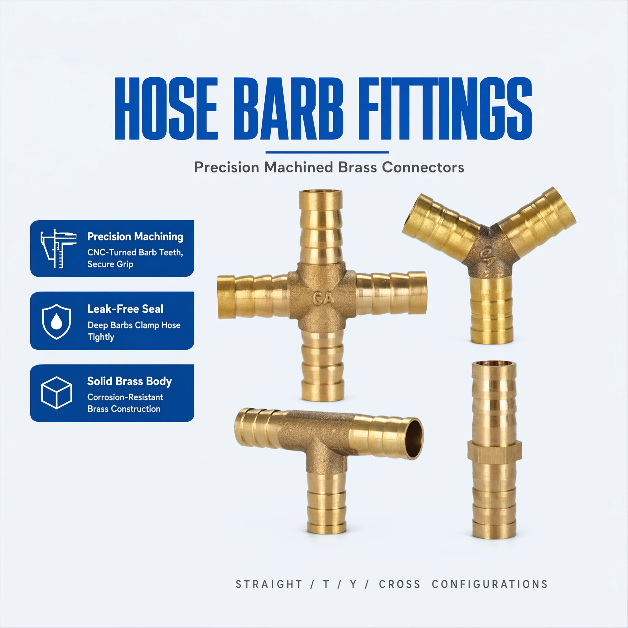 8-16mm Brass Pneumatic Hose Fittings Barbed Straight Connector 2 Way 3 Way T/Y Type 4 Way Tee Connector Air Hose Fitting