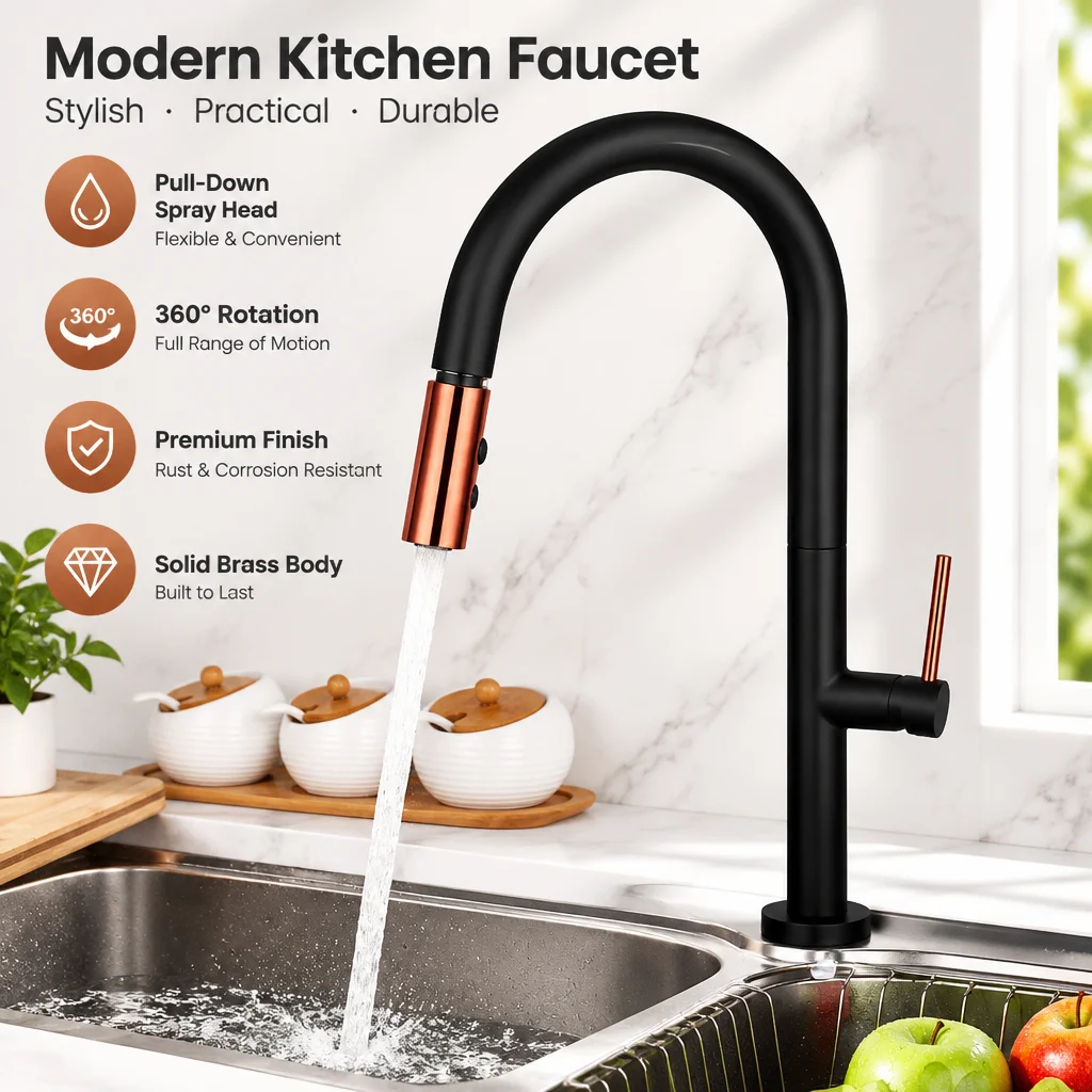 Pull Down Swivel Kitchen Sink Faucet, 2 Ways Spray Brass Mixer Tap, White Hot Cold Water Tap
