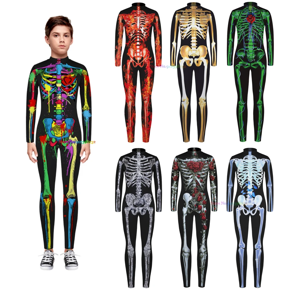 ชายหญิง3D ดิจิตอล Skeleton Skull พิมพ์ Bodysuit เด็ก Punk หุ่นยนต์ Jumpsuit เด็กฮาโลวีนชุดคอสเพลย์ชุด