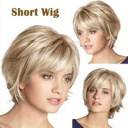 HAIRJOY Short Blonde Wig with Bangs Blonde Mix Brown Wigs for White Women Fluffy Synthetic Hair Womens Wigs