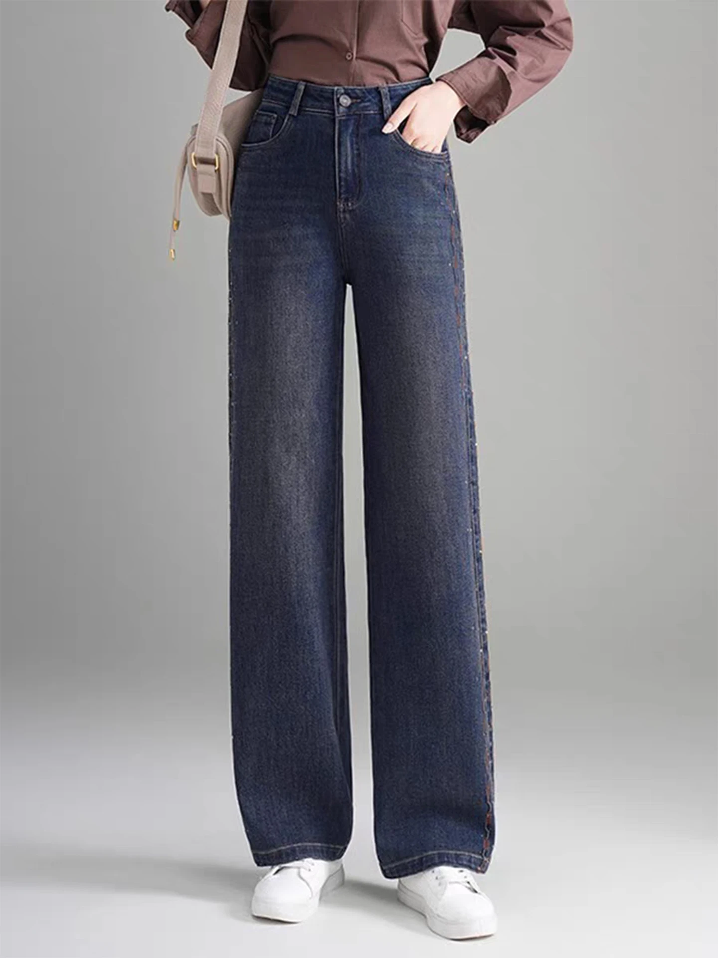 

Ретро джинсы с вышивкой, высокой талией, утепленные флисом, прямого кроя, женские, осенне-зимние, новый стиль, повседневные широкие брюки