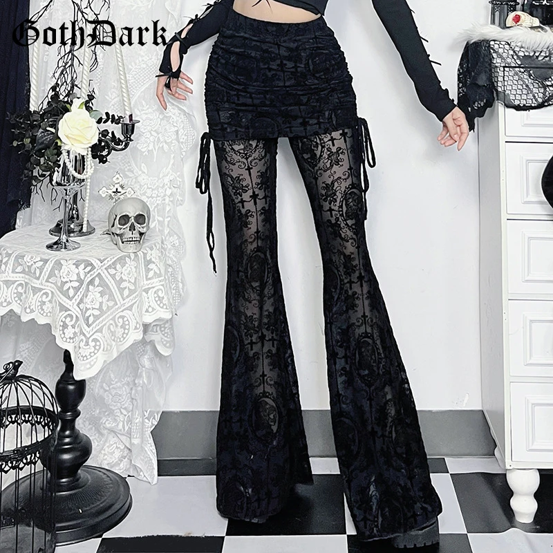 Goth Drak Elegant Fashion Flocking Print Long Pants 90s Grunge Mesh See Through Bodycon Flare Pant Mall Gothic Women Trousers