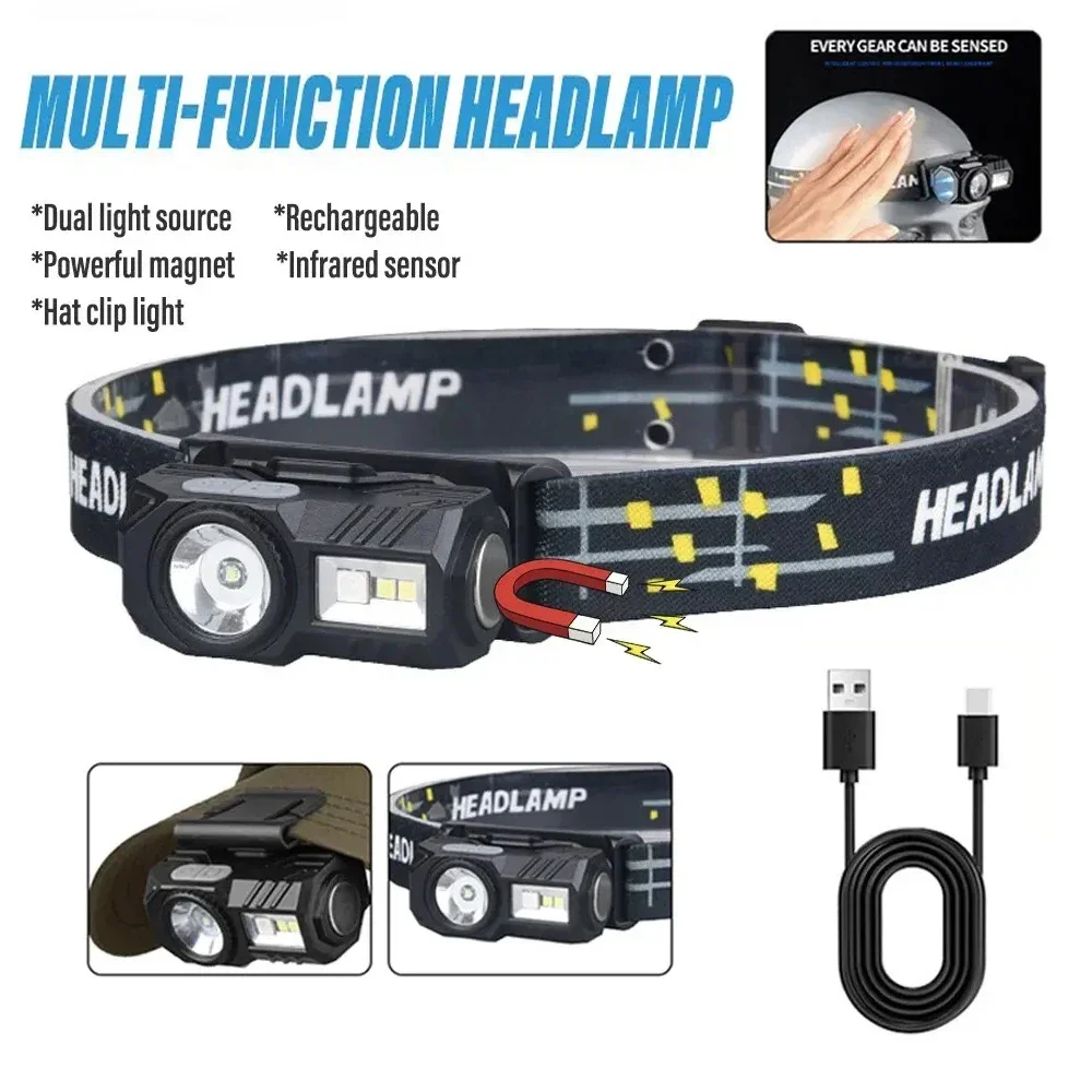 Mini Super Bright LED Headlamp Induction Headlight USB C Rechargeable Portable Head Flashlight Camping Fishing