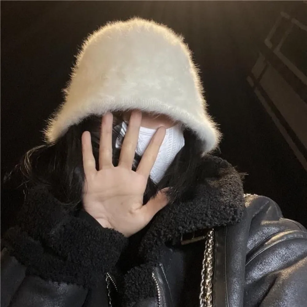 

Fashion Imitation Rabbit Fur Bucket Hat Windproof Thicken Fluffy Fisherman Cap Foldable Solid Color Basin Caps
