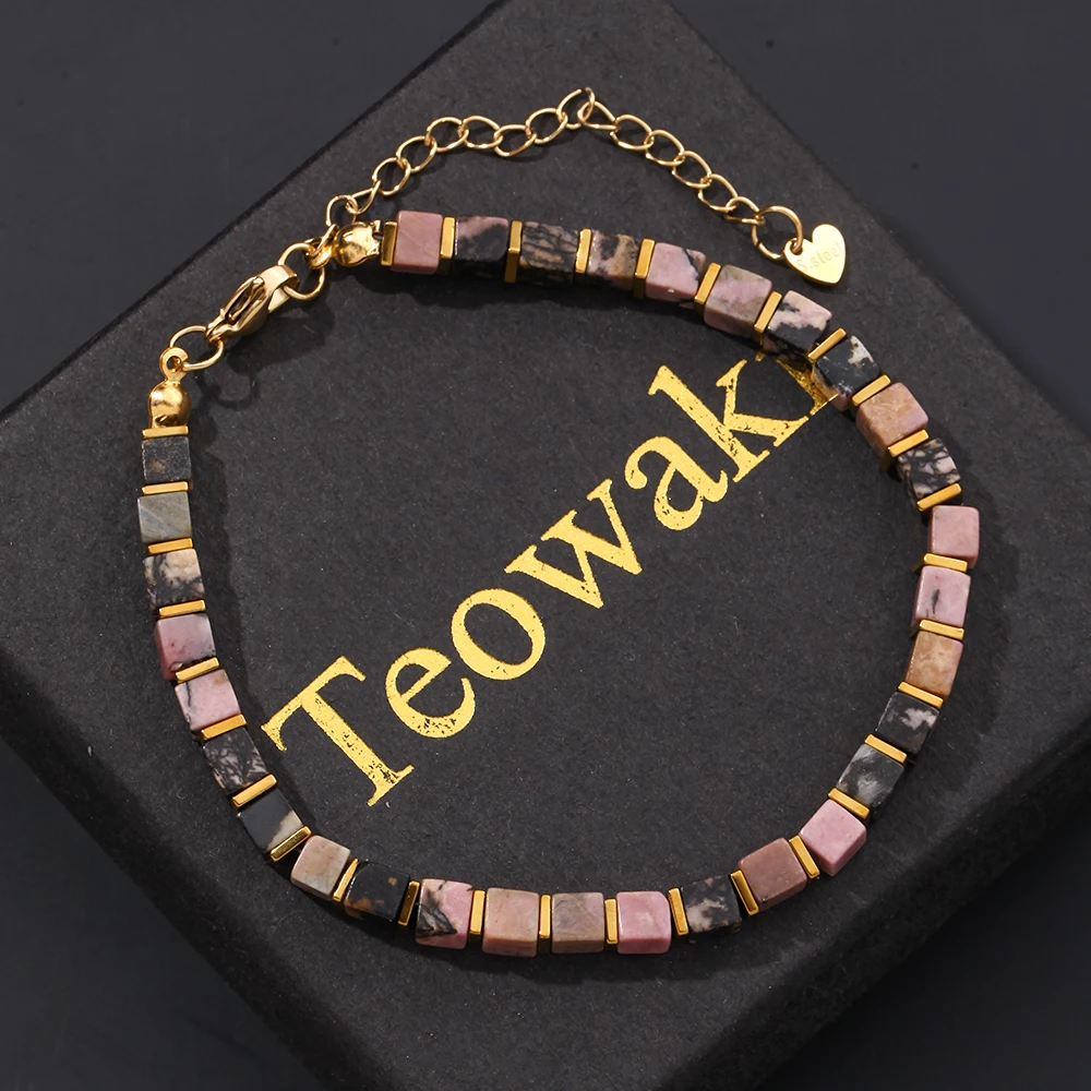 TeoWaki Black Lace Rhodonite Stone Bracelet For Men Reclaim Your Confidence Natural Beaded Healing Chain Bracelets Jewelry17+5cm