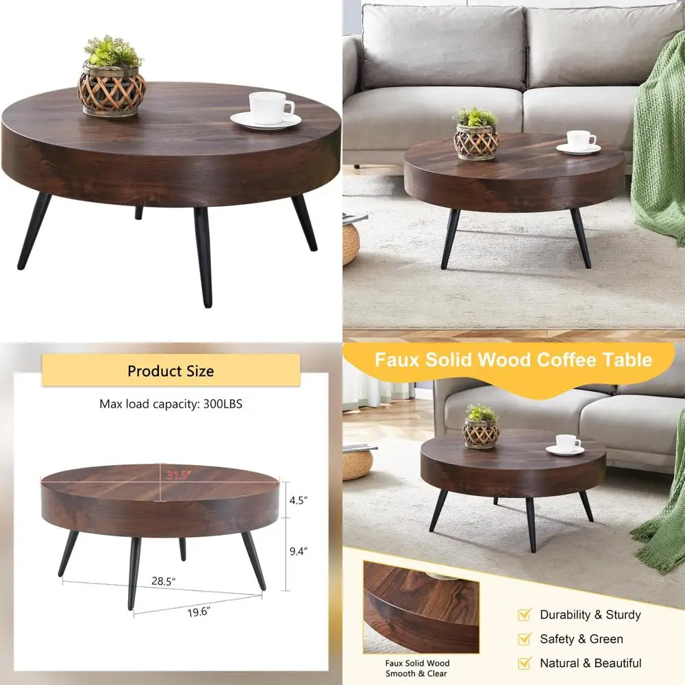 

Круглый журнальный столик 31,5 дюйма с деревянной столешницей и черными металлическими ножками для гостиной и столовых