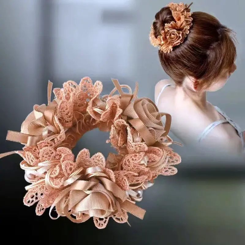 Blumen-Haarband Rosen-Scrunchies Eleganter Haargummi mit Spitzendesign Einfarbige Haaraccessoires – Detail 2