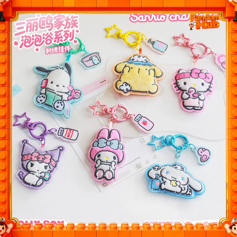 

New Embroidered Keychain Sanrio Characters Bubble Bath Series Bag Pendant Hello Kitty Kuromi Cinnamoroll Cute Bag Charm