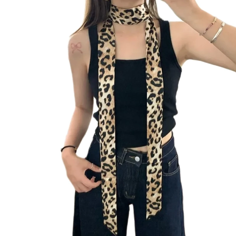 Lenço longo magro com estampa leopardo elegante para mulheres da faixa cabelo cinto