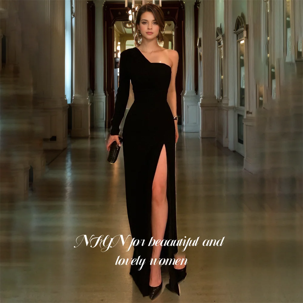 

NFYN Black Long Stain Party Dress Mermaid One Shoulder Prom Dresses Pleat Evening Gown with High Split Sweep Train Customized