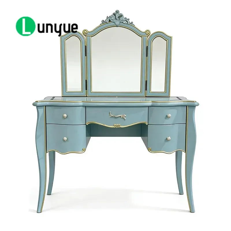 French Light Luxury Fog Blue Gold Plated Engraved Dresser Elegant Bedroom Storage Cabinet Vintage Style Vanity Table with