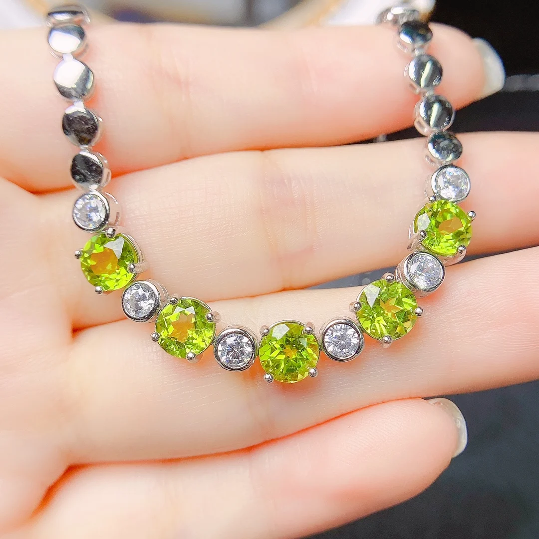 

FS S925 Sterling Silver Inlay 6mm Natural Olivine Bracelet With Certificate Fine Fashion Charm Wedding Jewelry for Women MeiBaPJ