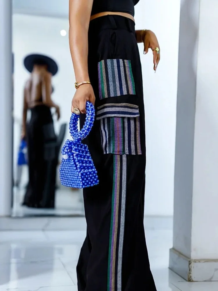 Уличные повседневные стильные крутые брюки для девочек, контрастные цветные брюки с карманами в полоску, низ, брюки для женщин, новинка 2023 года, одежда